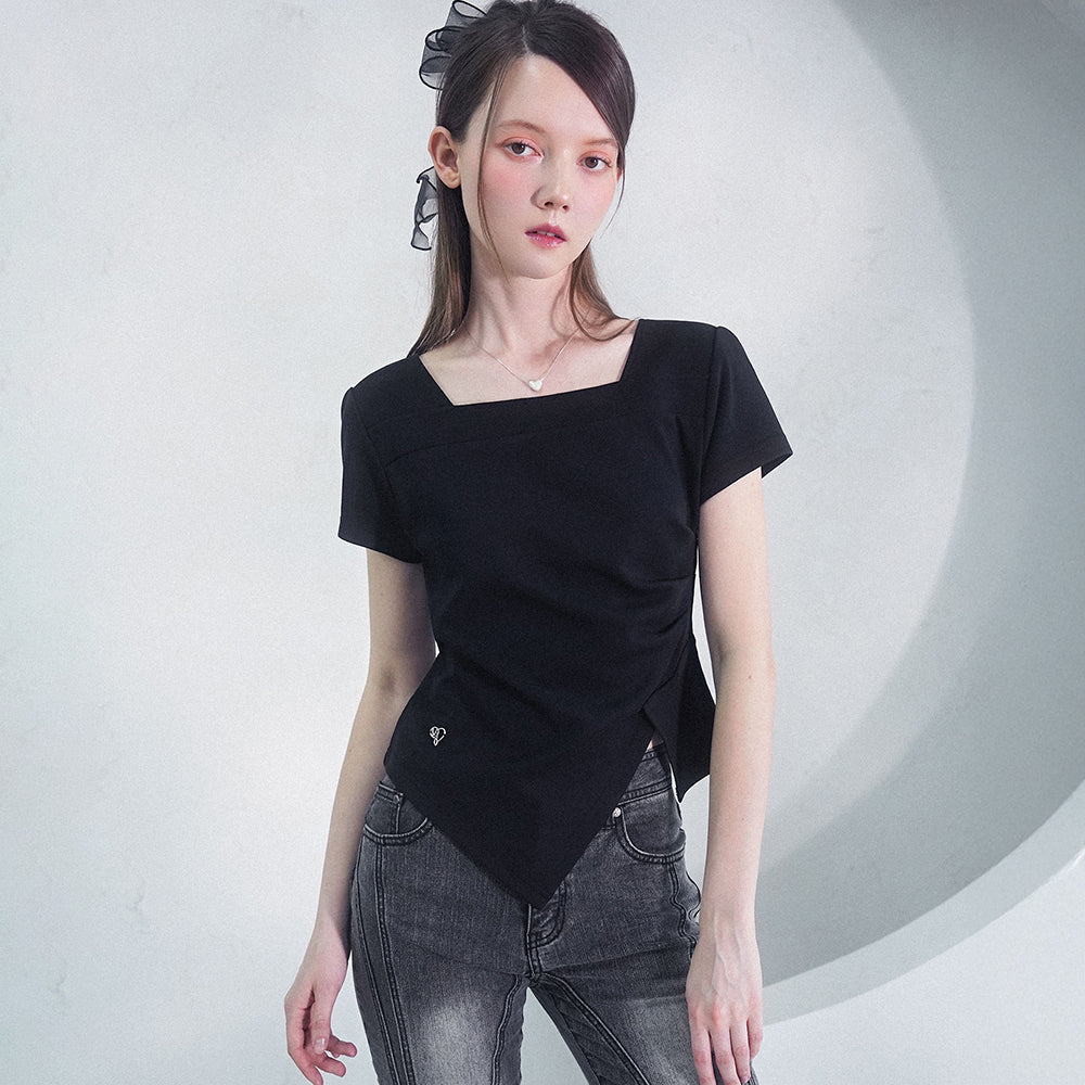 VIVACIOUS Elegant Side Tuck Short T-shirt BLACK