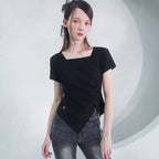 VIVACIOUS Elegant Side Tuck Short T-shirt BLACK