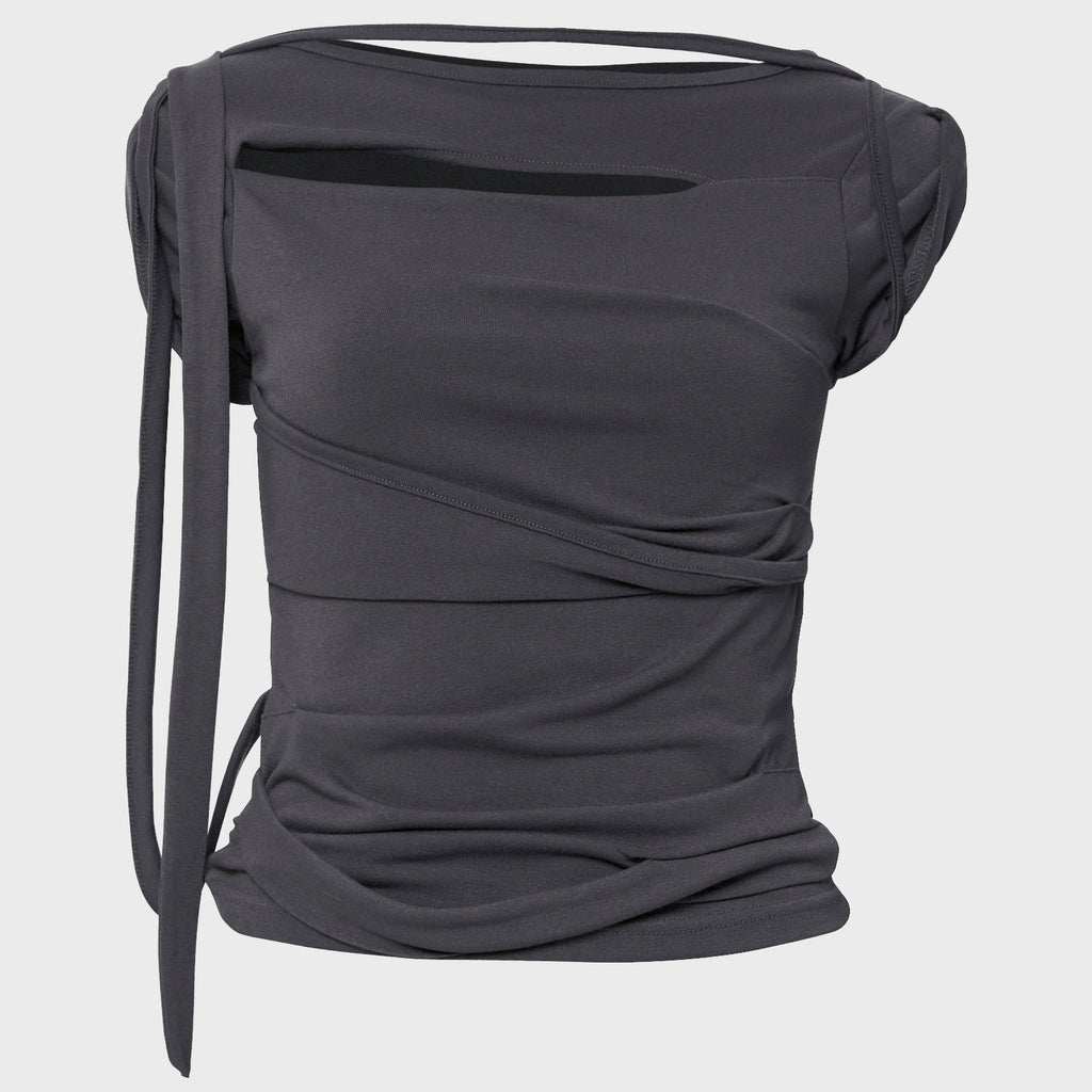 FLAREUP Asymmetrical Draped Strap Roll-Up T-Shirt (FL-170_Charcoal)