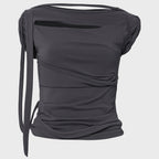 FLAREUP Asymmetrical Draped Strap Roll-Up T-Shirt (FL-170_Charcoal)