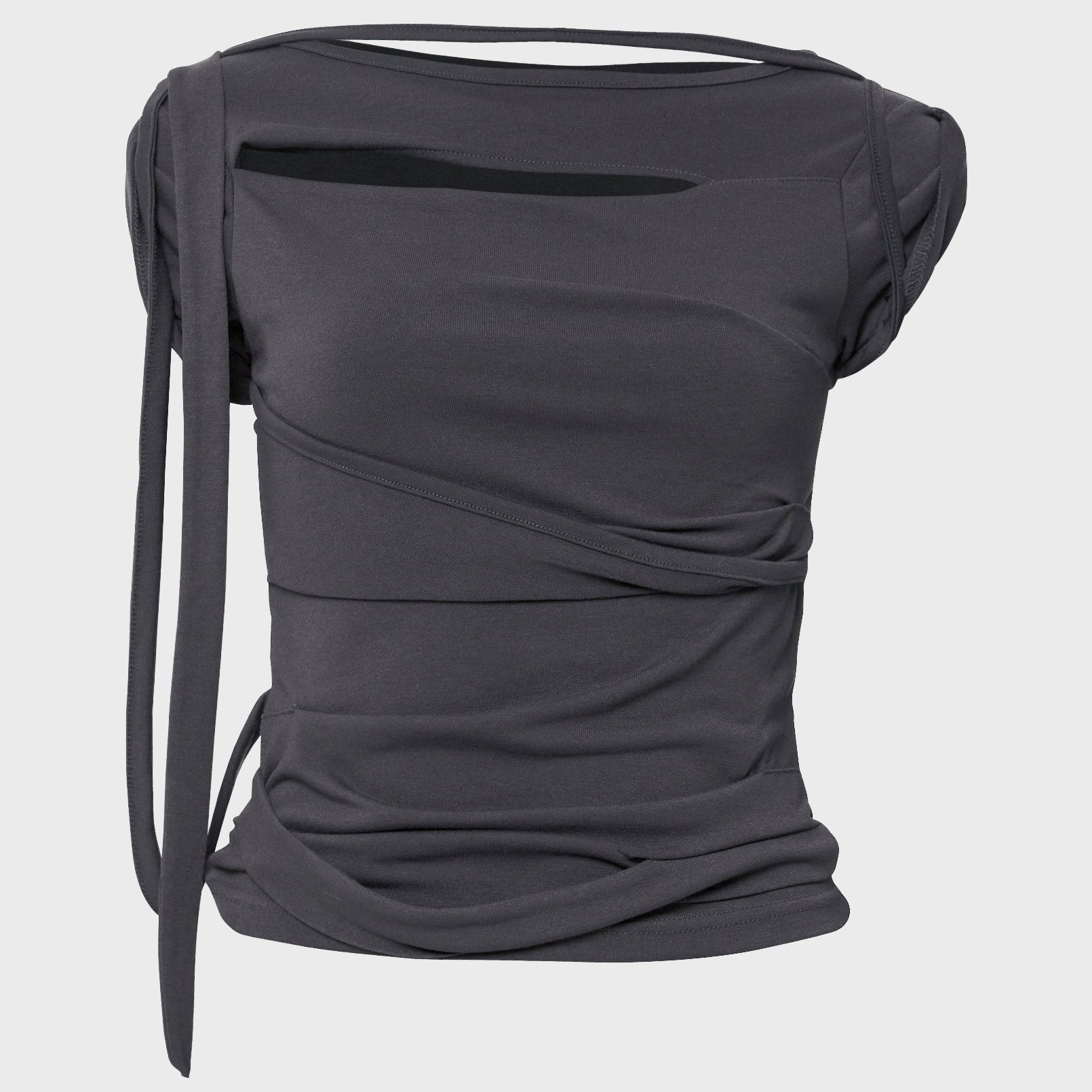 FLAREUP Asymmetrical Draped Strap Roll-Up T-Shirt (FL-170_Charcoal)