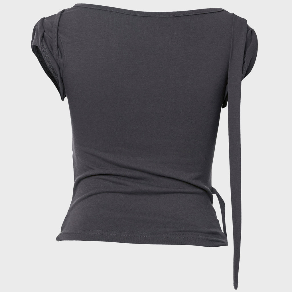 FLAREUP Asymmetrical Draped Strap Roll-Up T-Shirt (FL-170_Charcoal)