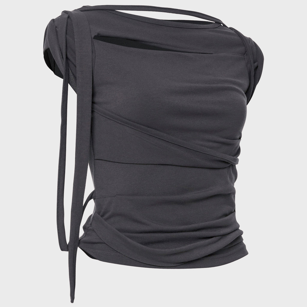 FLAREUP Asymmetrical Draped Strap Roll-Up T-Shirt (FL-170_Charcoal)