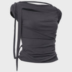 FLAREUP Asymmetrical Draped Strap Roll-Up T-Shirt (FL-170_Charcoal)