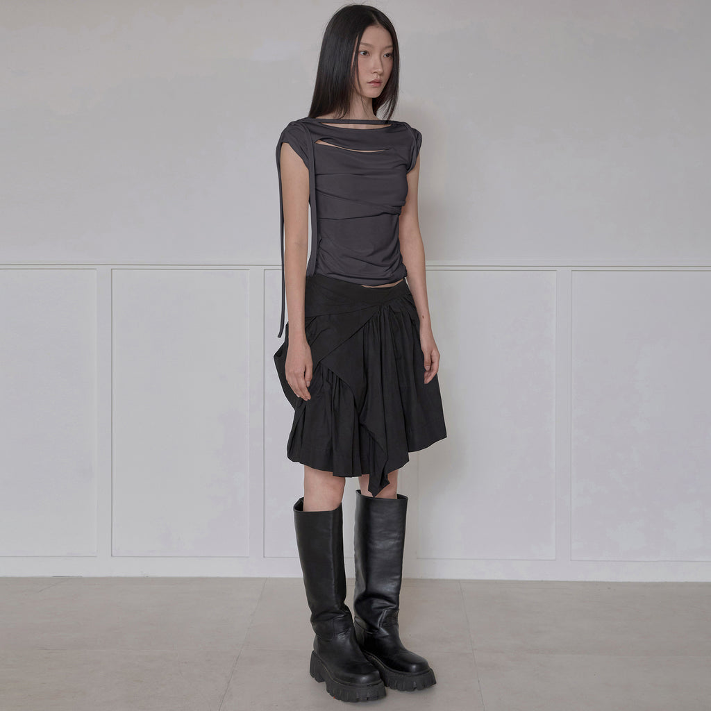 FLAREUP Asymmetrical Draped Strap Roll-Up T-Shirt (FL-170_Charcoal)