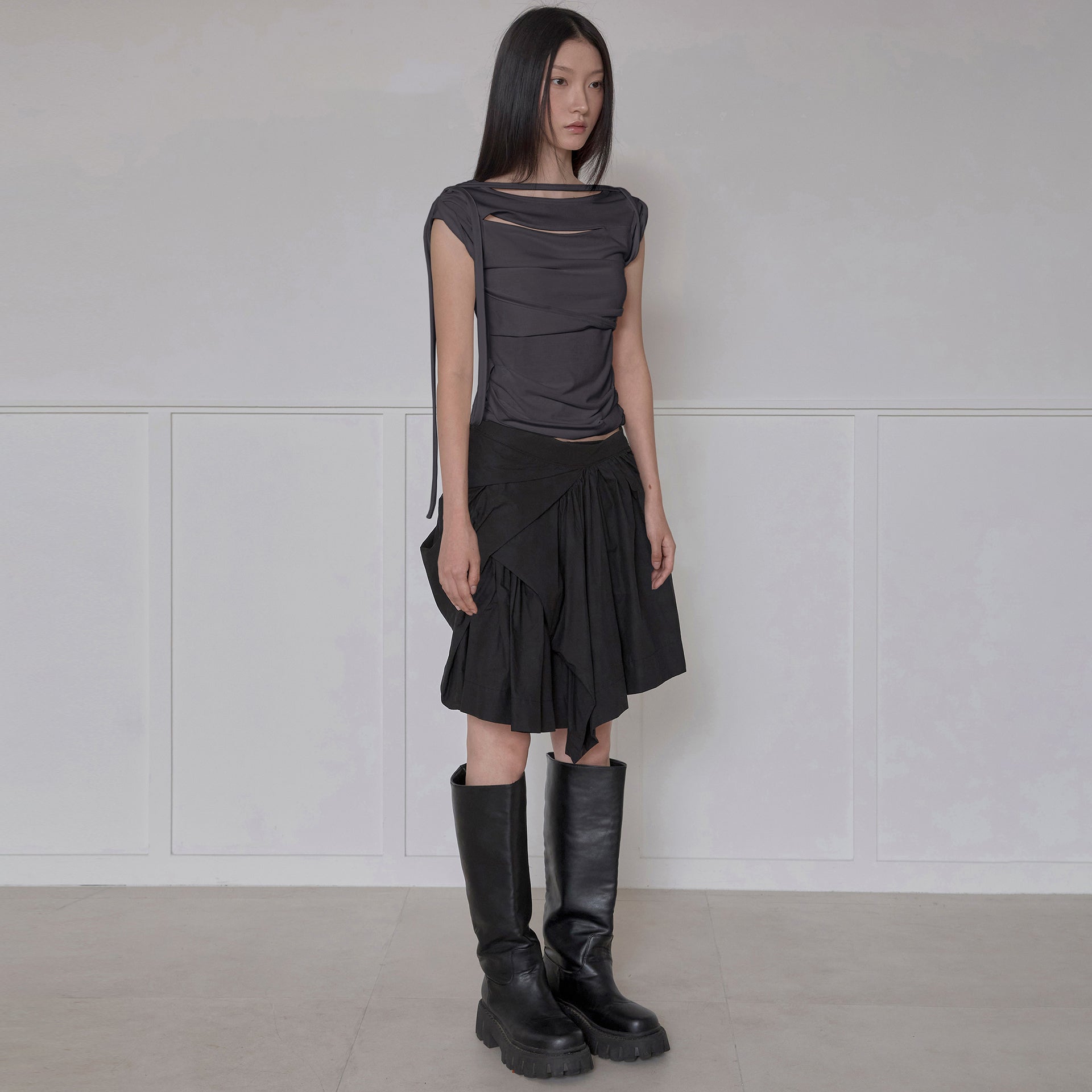 FLAREUP Asymmetrical Draped Strap Roll-Up T-Shirt (FL-170_Charcoal)