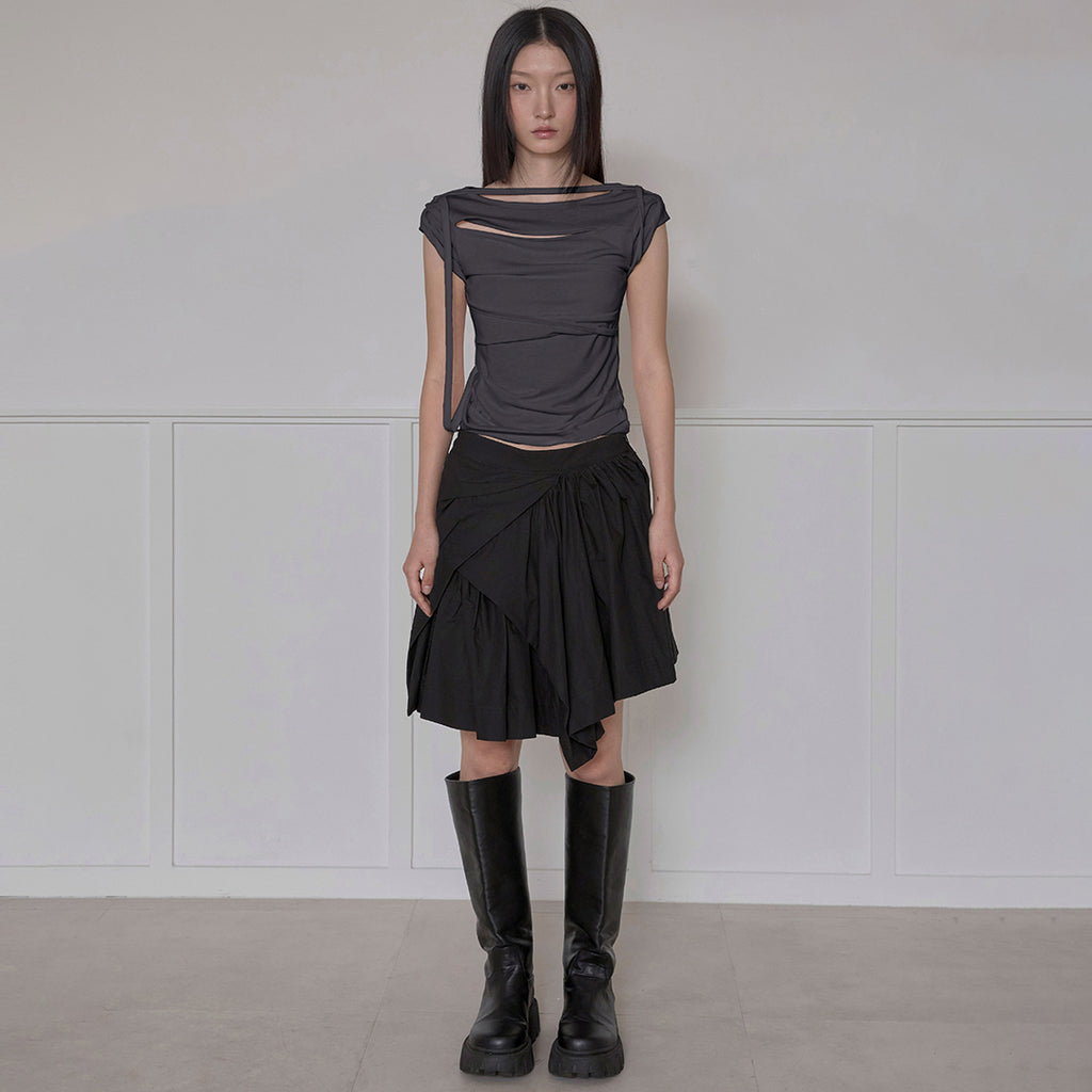 FLAREUP Asymmetrical Draped Strap Roll-Up T-Shirt (FL-170_Charcoal)