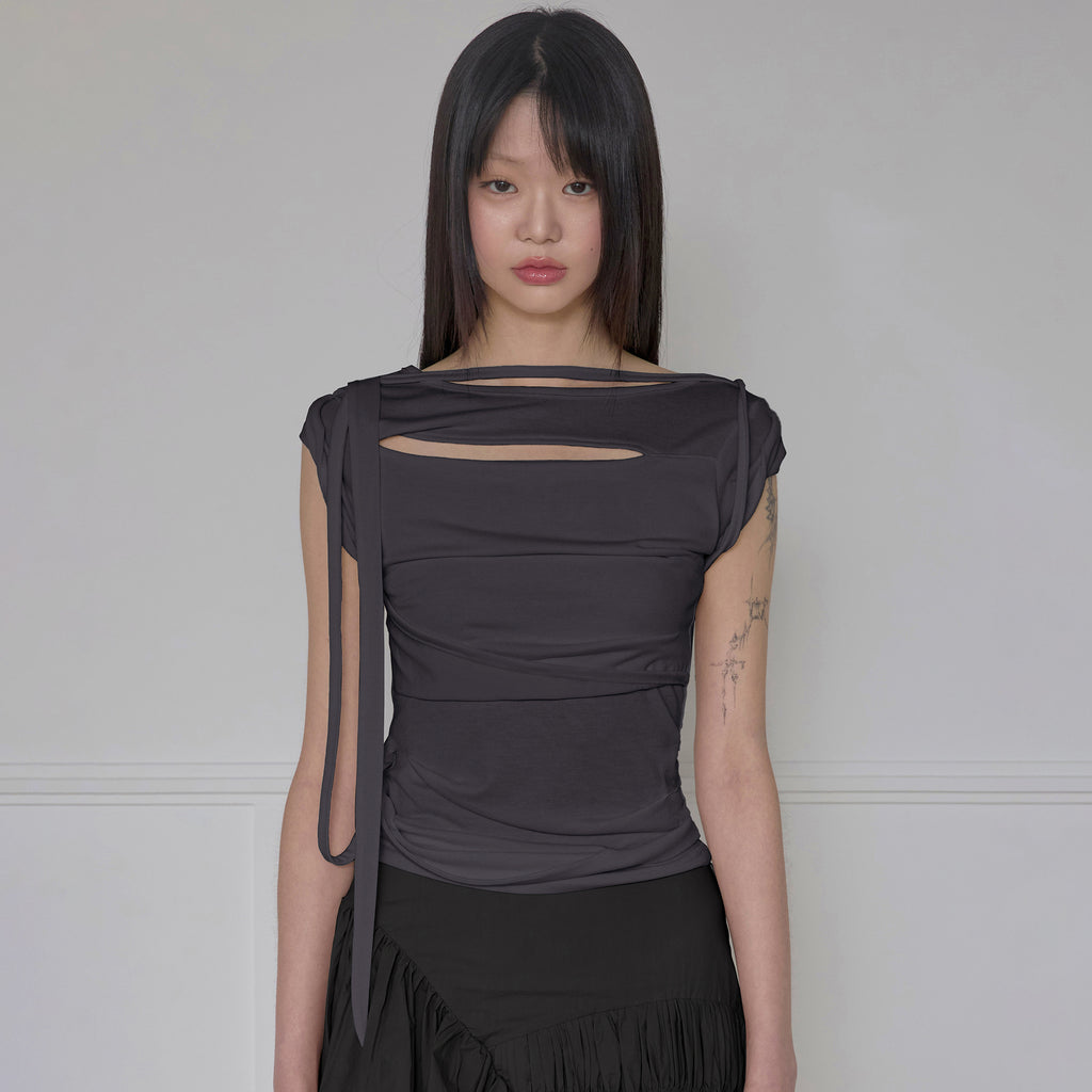 FLAREUP Asymmetrical Draped Strap Roll-Up T-Shirt (FL-170_Charcoal)