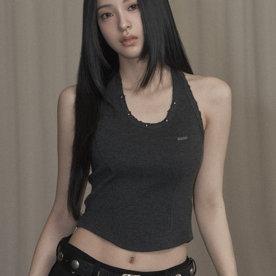 KHAKIPOINT Damage Stud Halter Top (charcoal)