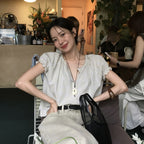 PoeteSeoul PoeteSeoul Checked Puff Sleeve Blouse Lime Green