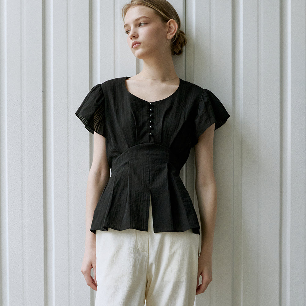 OURCOMOS comos 1143 pintuck shirring tie blouse (black)