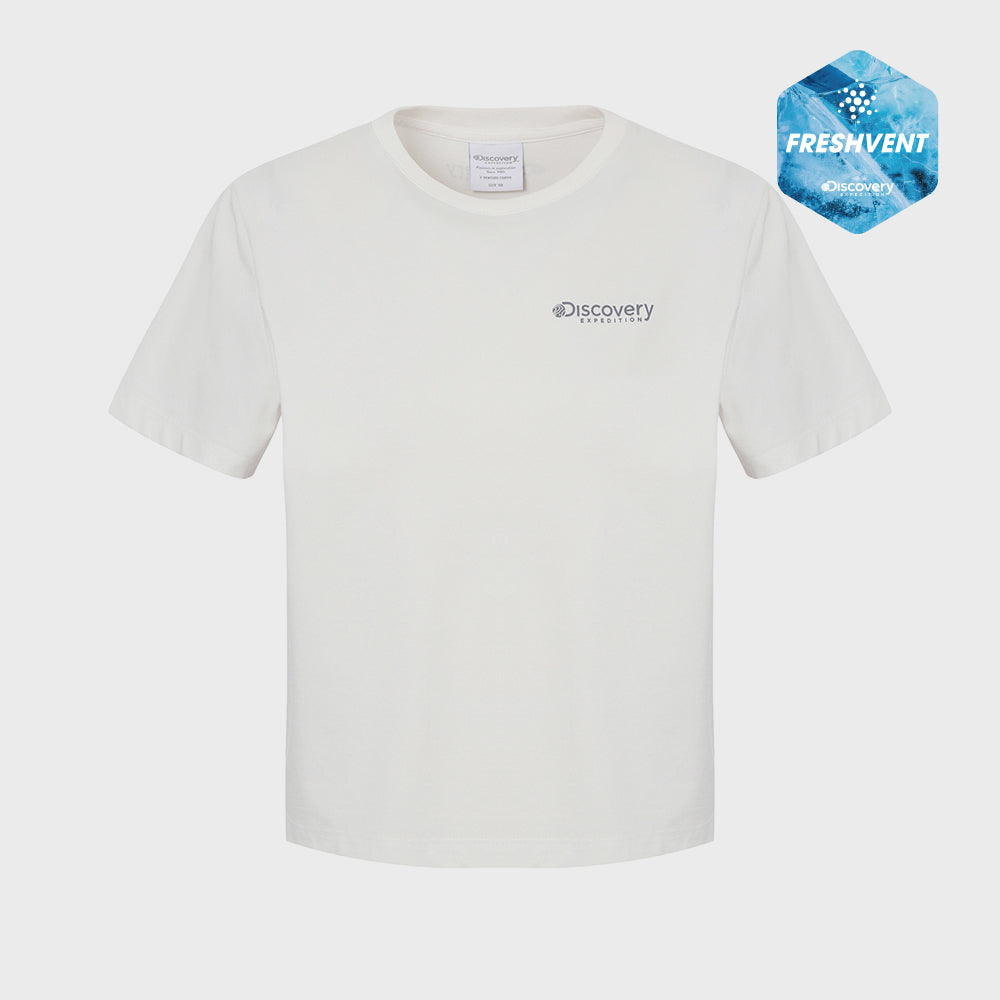 DISCOVERY EXPEDITION Freshvent Women's Washed Crop Outdoor Frame Graphic Short Sleeve T-Shirt (WHITE)