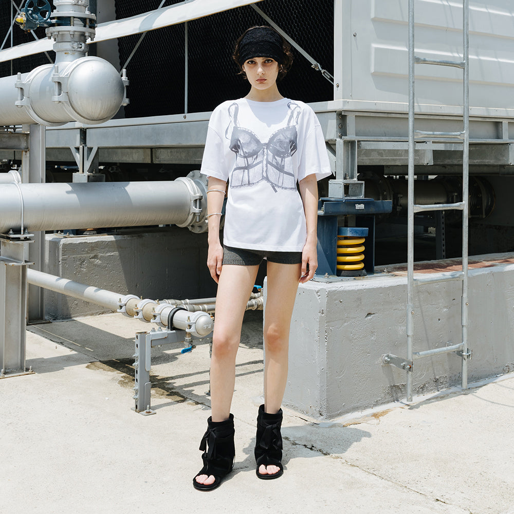 THREE TO EIGHTY [7th] SNAP CORSET GRAPHIC T-SHIRT WHITE