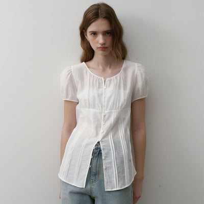 [1st reorder] Shirring volume crinkle blouse ivory