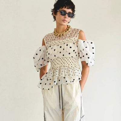 (W) 2WAY SLEEVE DOT RUFFLE BLOUSE (MULTI)