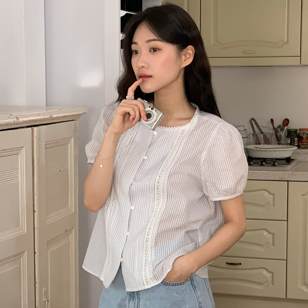 NONLOCAL Ellie Lace Pintuck Stripe Blouse - Light Blue
