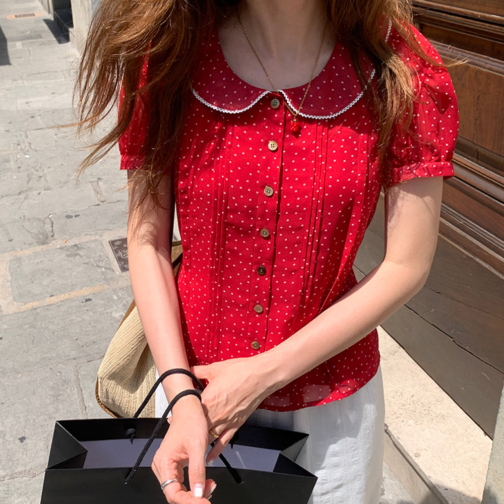 AND YOU Panama Peter Pan Collar Pin Tuck Blouse (Red dot/Navy dot)