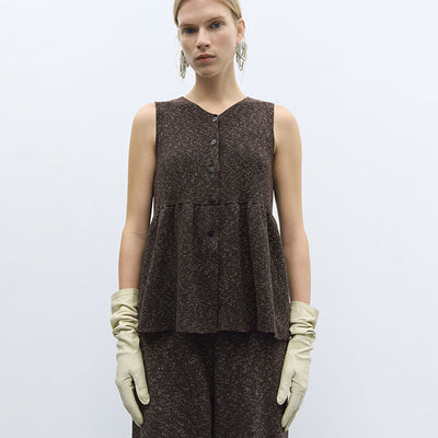 (W) FLECKED COTTON PEPLUM TOP (BROWN)