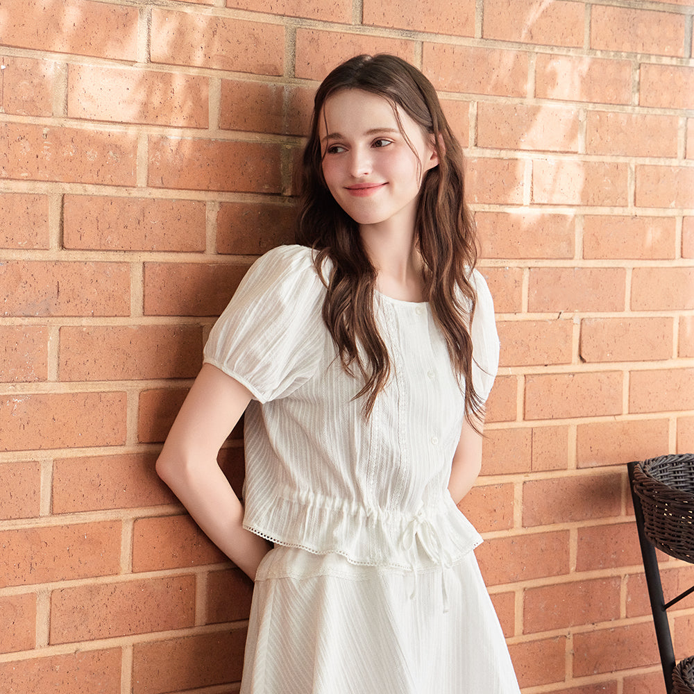 AUTH. [SET] Lace ribbon puff blouse (ivory)