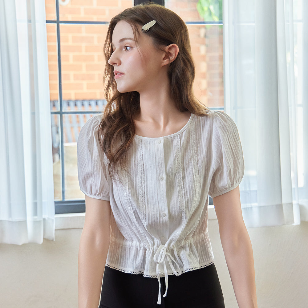 AUTH. [SET] Lace ribbon puff blouse (ivory)