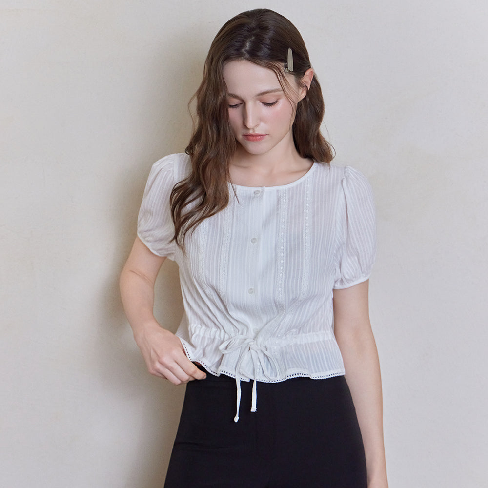 AUTH. [SET] Lace ribbon puff blouse (ivory)
