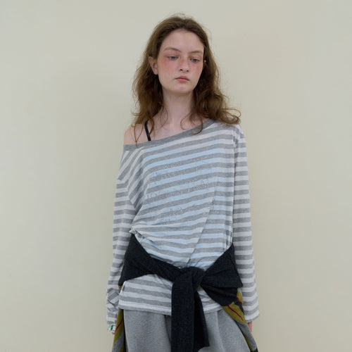 NOCONTENT 230. Off Shoulder Stripe T _ Melange Grey