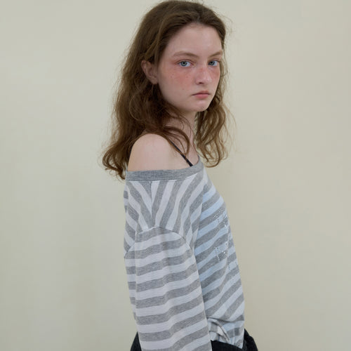 NOCONTENT 230. Off Shoulder Stripe T _ Melange Grey
