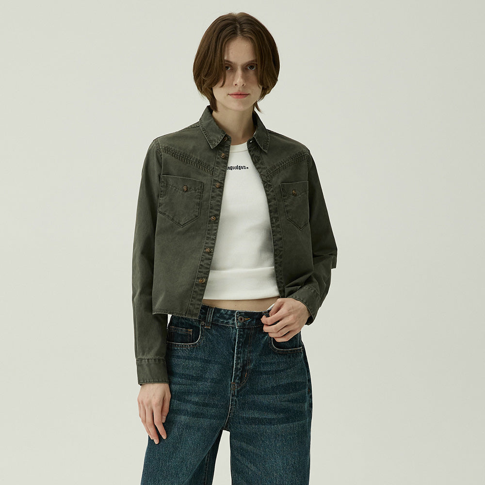 MAGOODGAN Femerald 2203 Washed Khaki Cropped Western Shirt