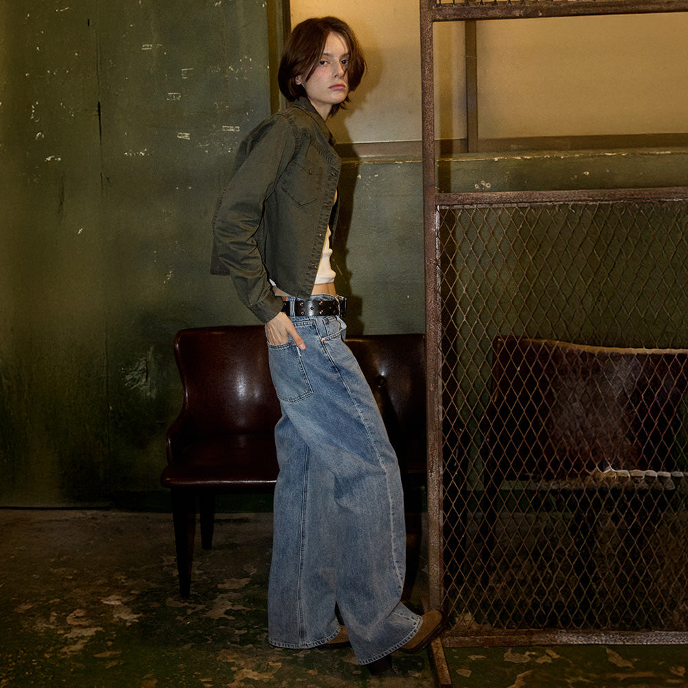 MAGOODGAN Femerald 2203 Washed Khaki Cropped Western Shirt