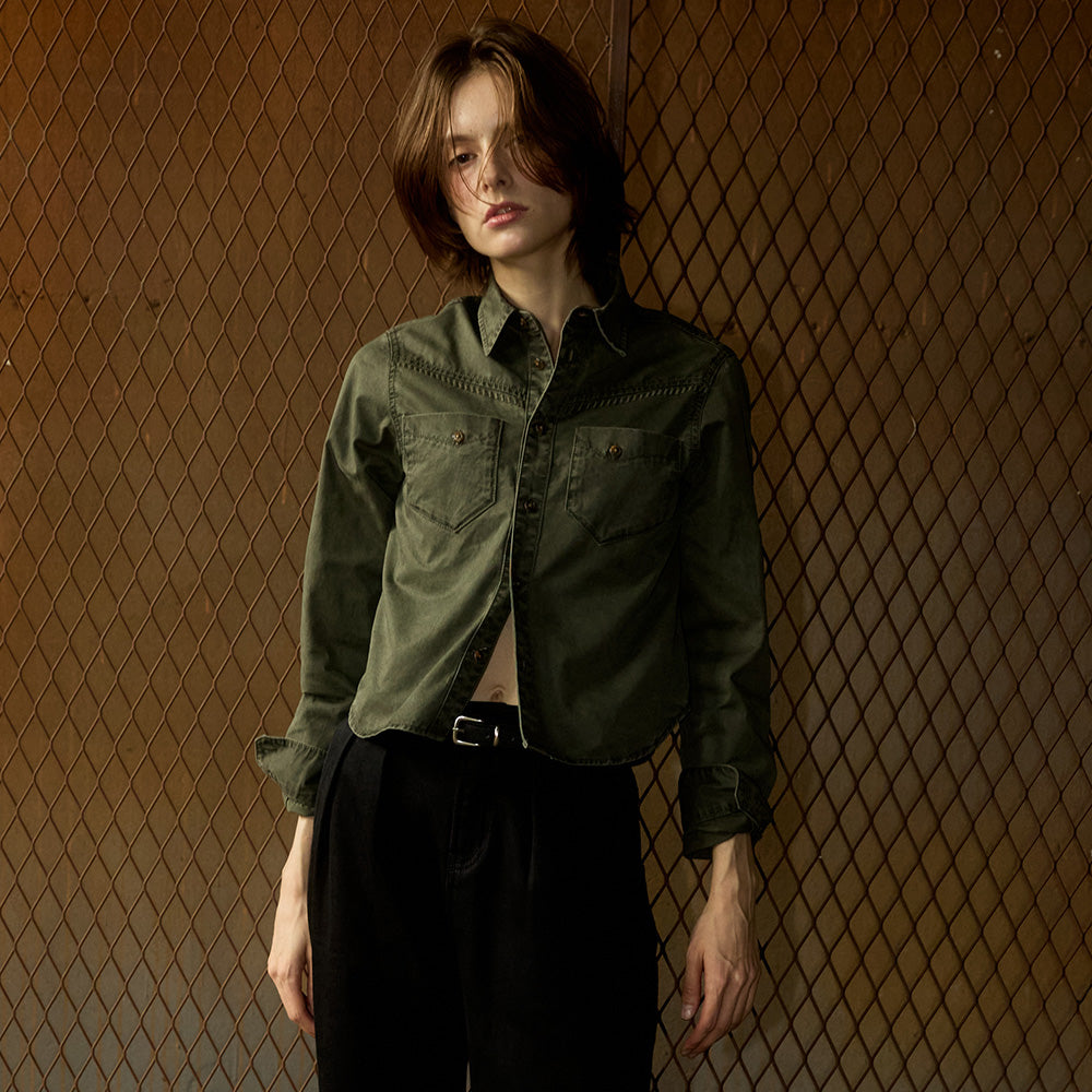 MAGOODGAN Femerald 2203 Washed Khaki Cropped Western Shirt