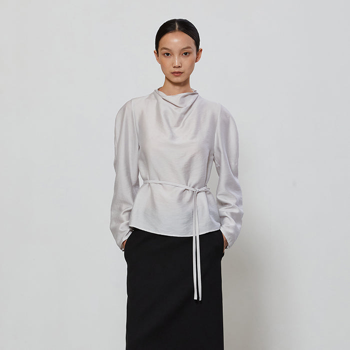 NOTIA DRAPE HIGH NECK BLOUSE - GRAY