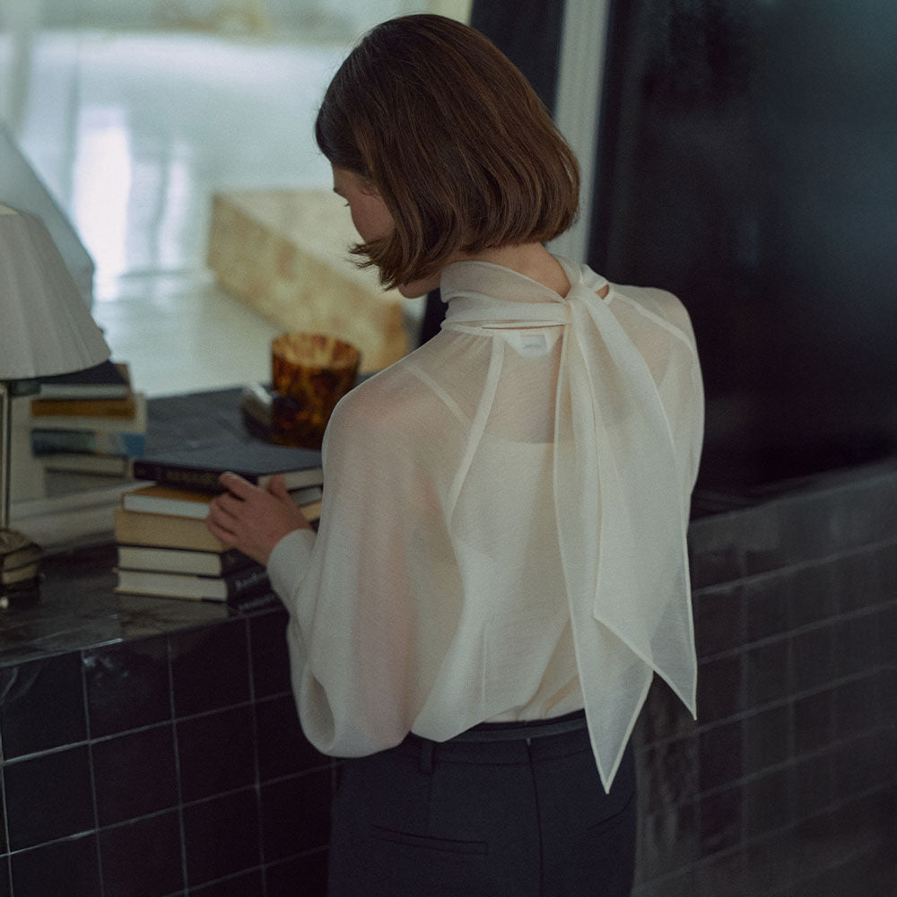 LAMEREI [20th Reorder] Tie See-through Blouse[LMBFCO25SH314]-2color