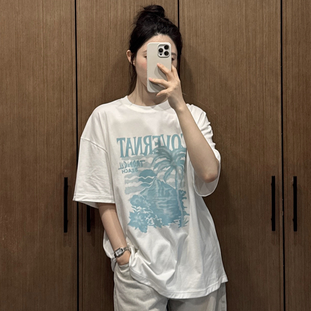 COVERNAT Cool Cotton Sunset Tropical Graphic T-Shirt White