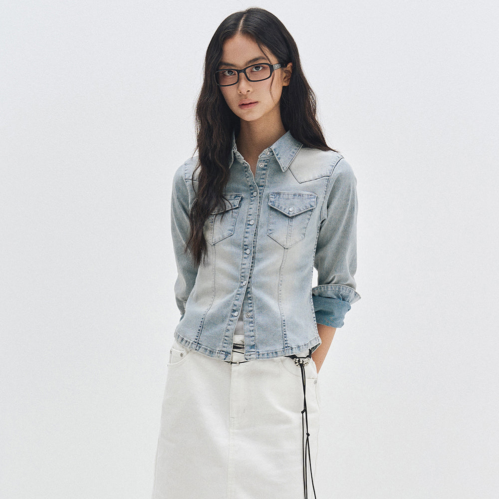 DECET WOMEN Western Slim Denim Shirts DCWSH003LIGHTBLUE