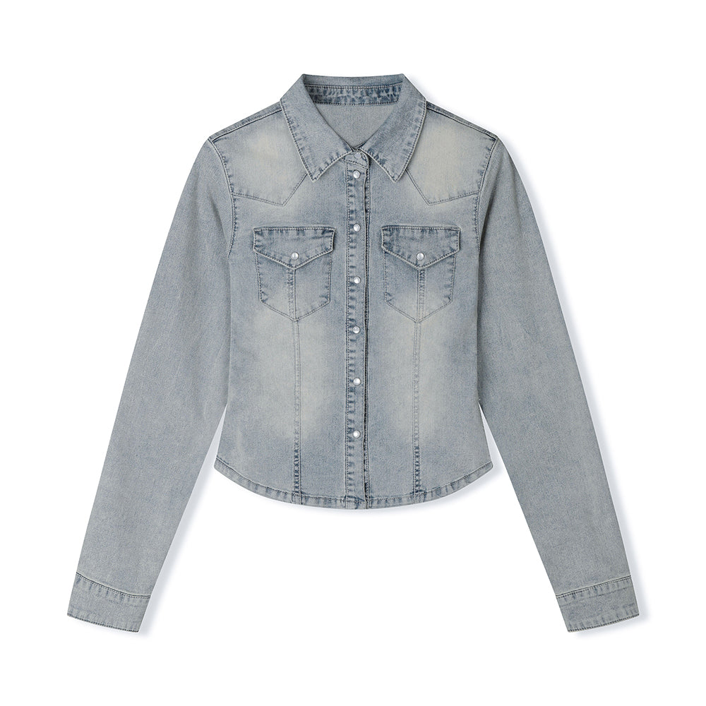 DECET WOMEN Western Slim Denim Shirts DCWSH003LIGHTBLUE