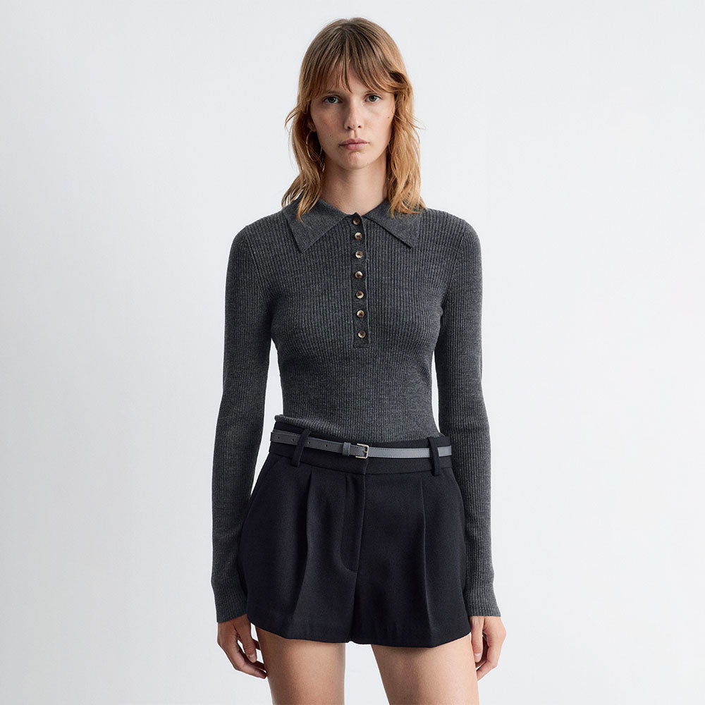 & Other Stories Long Sleeve Merino Wool Polo Top (Dark Grey)