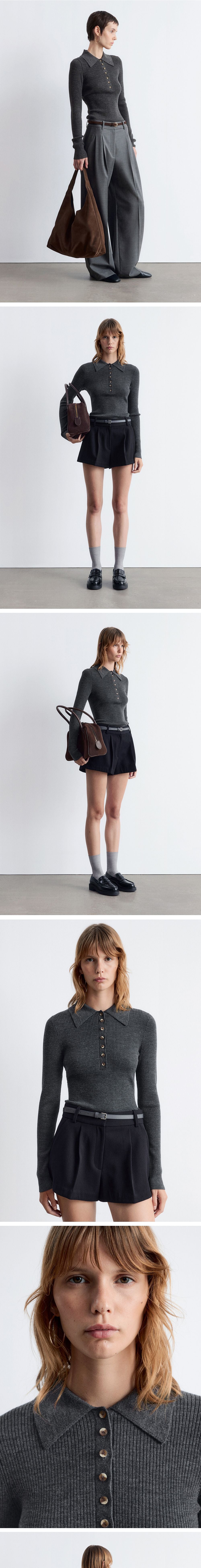 & Other Stories Long Sleeve Merino Wool Polo Top (Dark Grey)