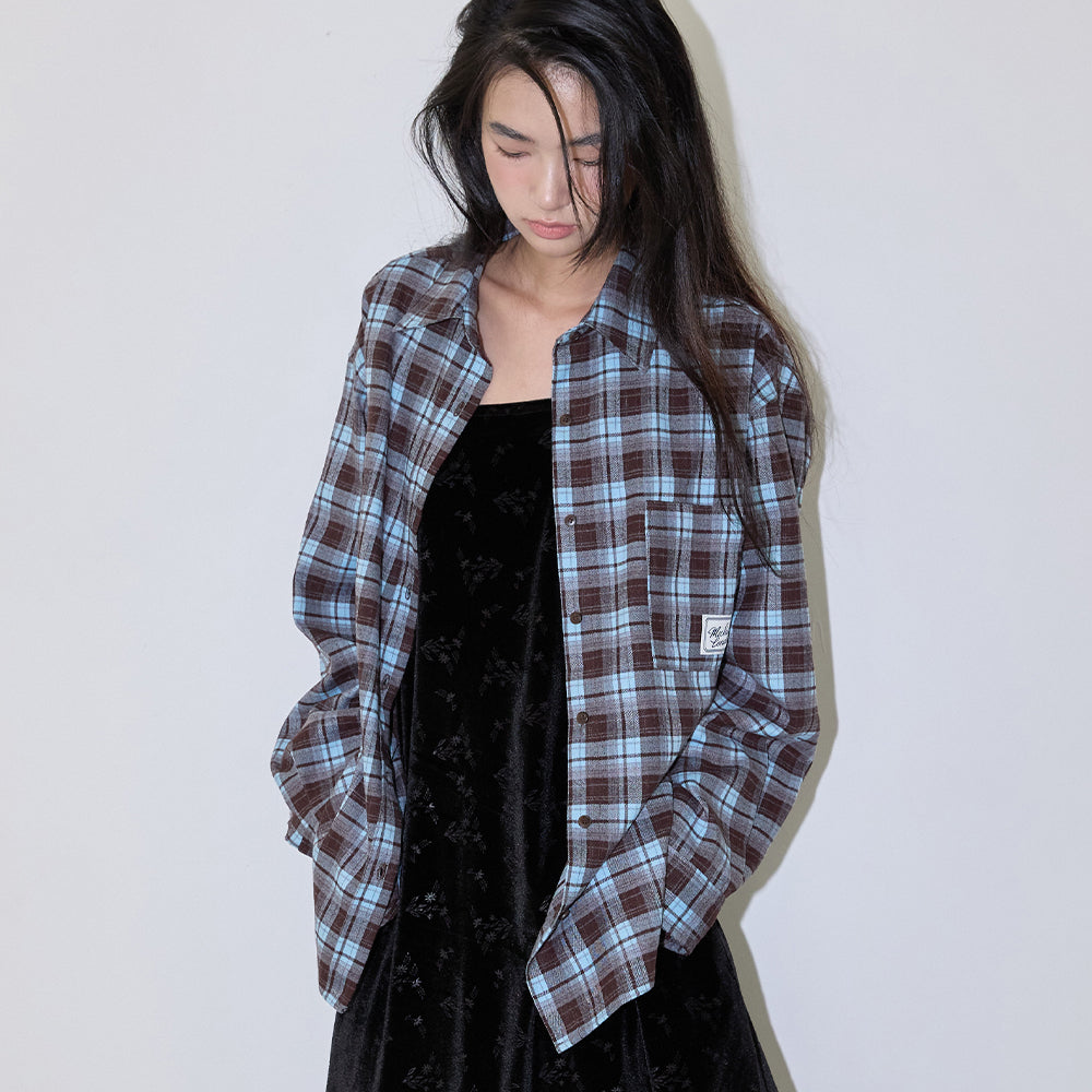 MICHIKO LONDON KOSHINO OVERSIZED CHECK SHIRTS SKY BROWN