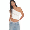 TOOMUCHTAX [Aespa Winter Wear] Lace panel one shoulder top white
