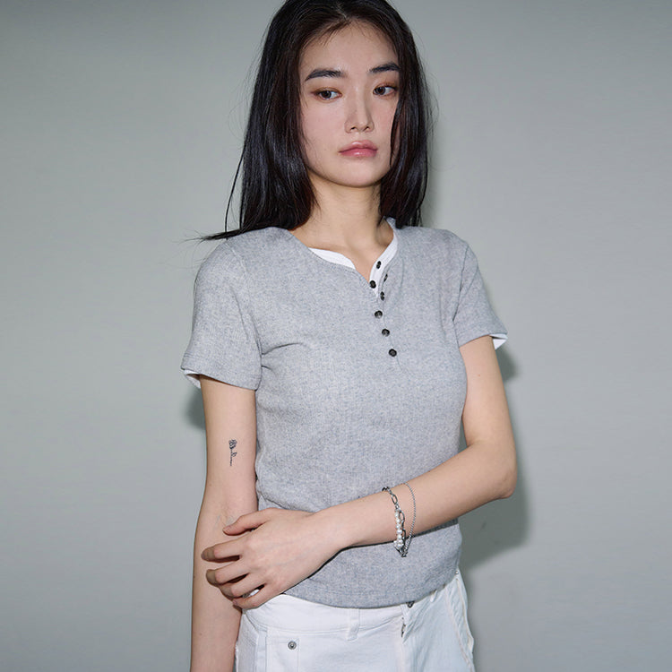 SIS A [11th reorder] Button henley neck half t-shirt [melange gray]