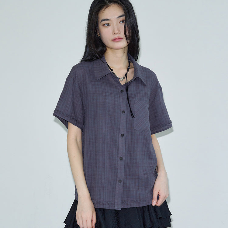 SIS A [7th reorder] Layered cutout check half shirt [purple]