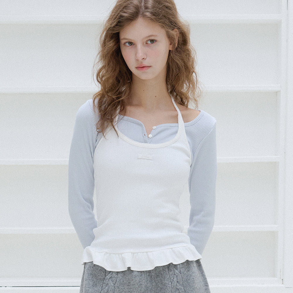 LETTER FROM MOON Letters Frill Label Halterneck Top (White)