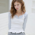 LETTER FROM MOON Letters Frill Label Halterneck Top (White)