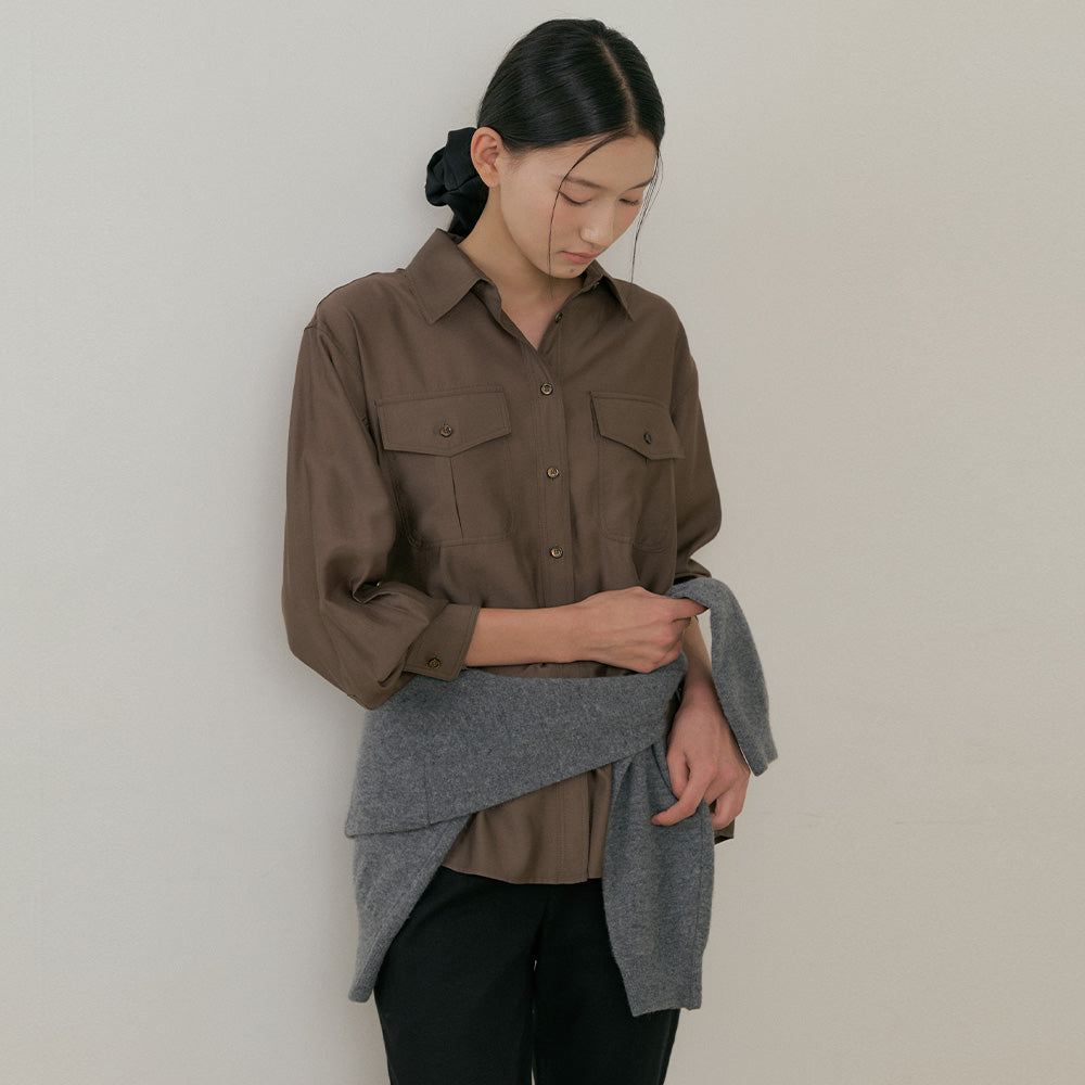 LINGSEOUL sheer pocket shirt-brown