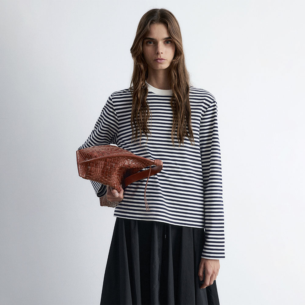 & Other Stories Long Sleeve Jersey Top (Navy/White Stripes)