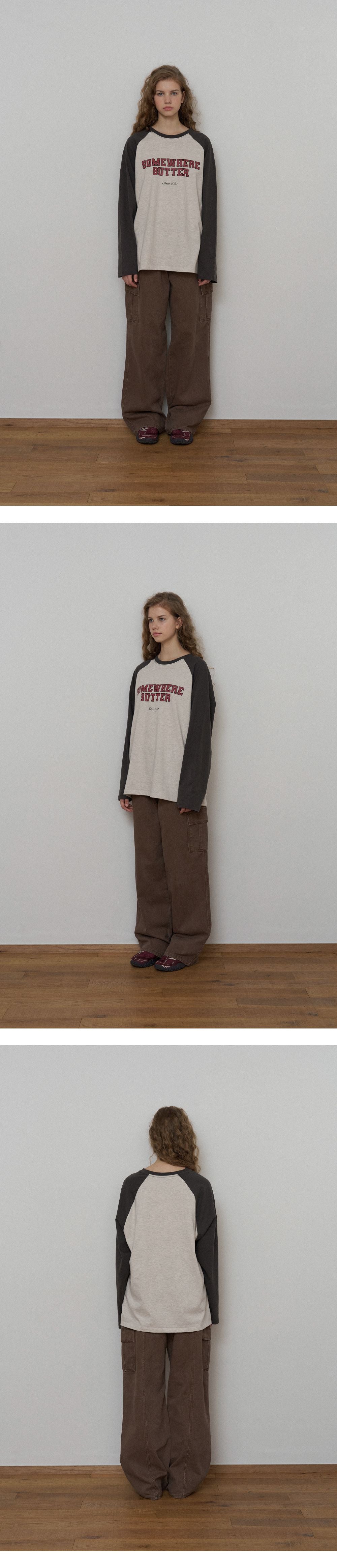 SOMEWHEREBUTTER [11th] Raglan Campus Logo Long Top - Oatmeal(Khaki)