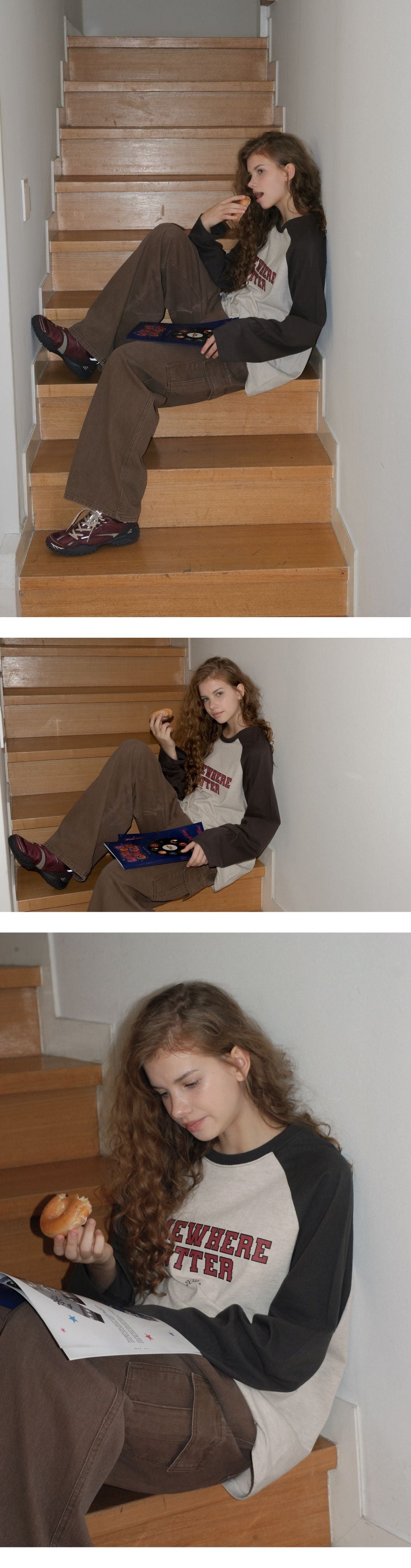 SOMEWHEREBUTTER [11th] Raglan Campus Logo Long Top - Oatmeal(Khaki)