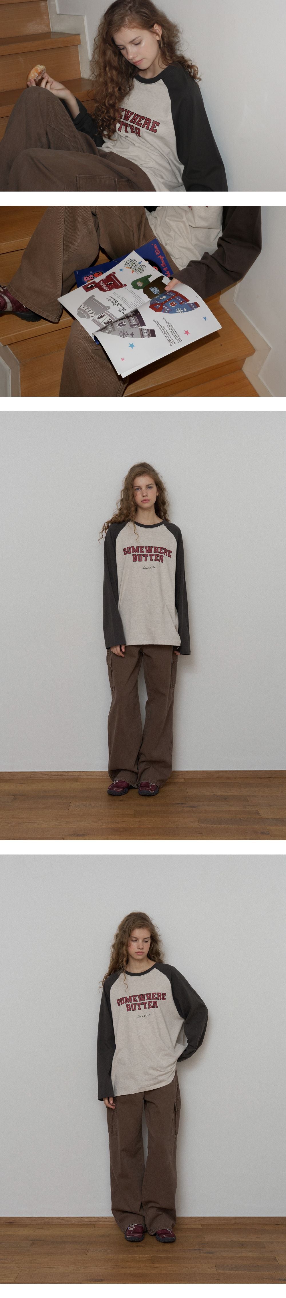 SOMEWHEREBUTTER [11th] Raglan Campus Logo Long Top - Oatmeal(Khaki)