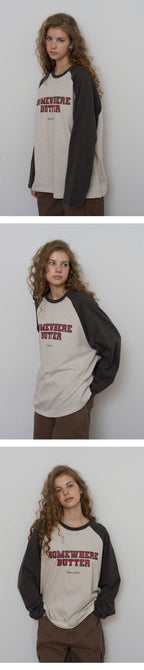 SOMEWHEREBUTTER [11th] Raglan Campus Logo Long Top - Oatmeal(Khaki)
