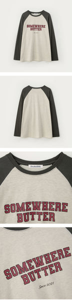 SOMEWHEREBUTTER [11th] Raglan Campus Logo Long Top - Oatmeal(Khaki)